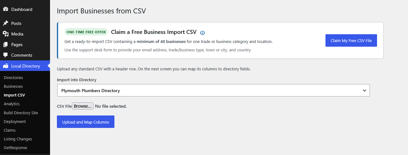 CSV import screen with the free business CSV offer