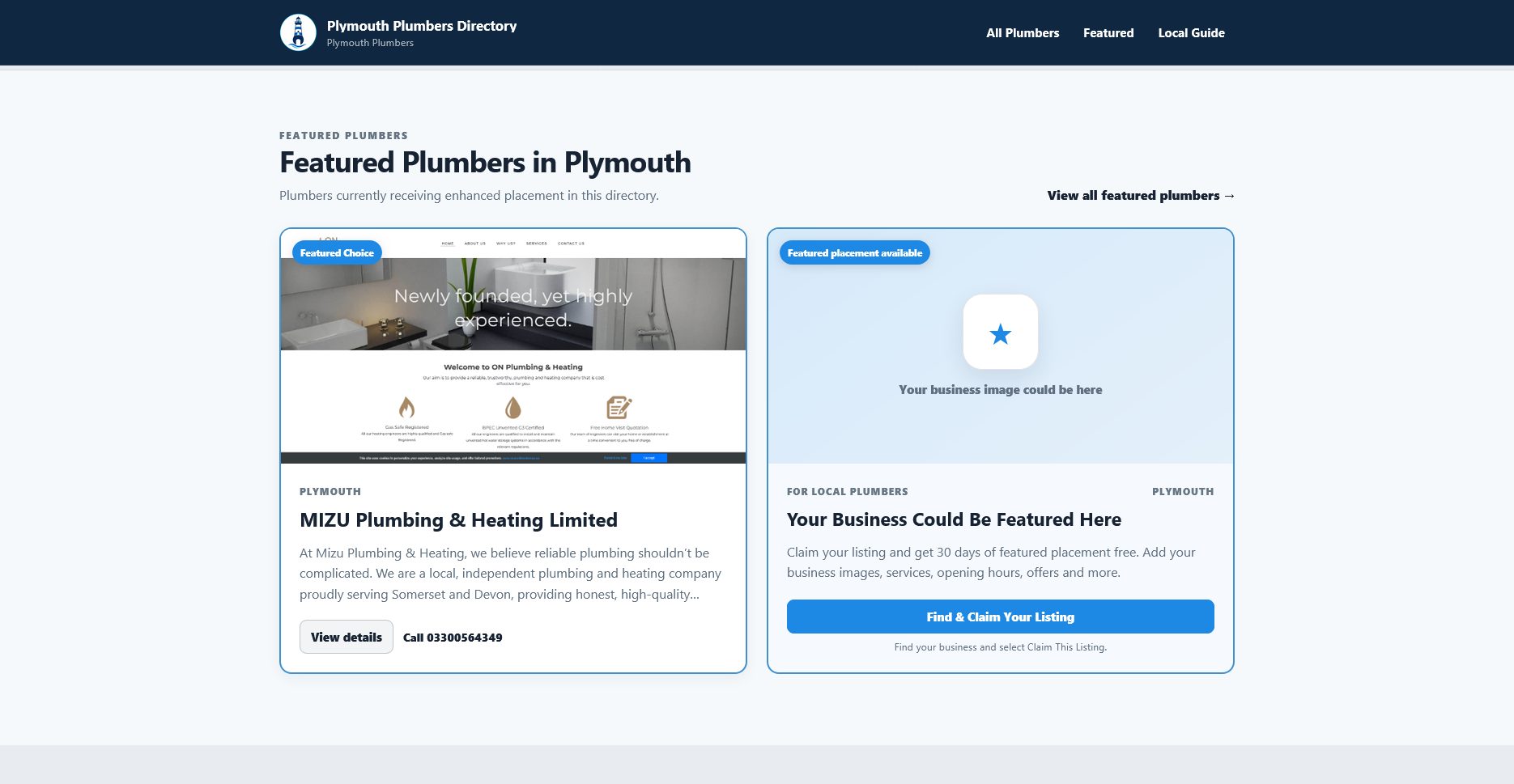 Featured plumbers section with a claim prompt