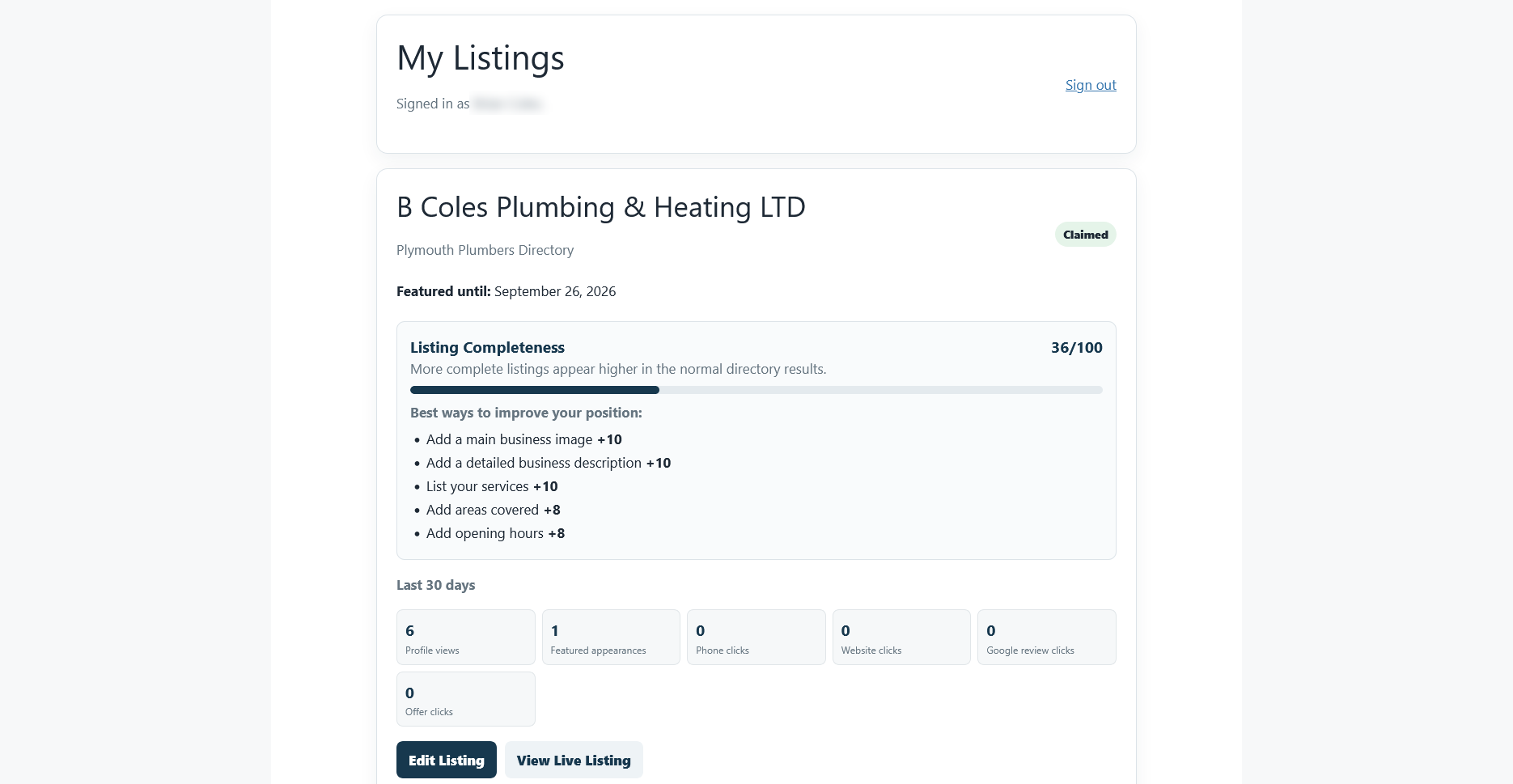 Business owner portal showing a 36 out of 100 completeness score